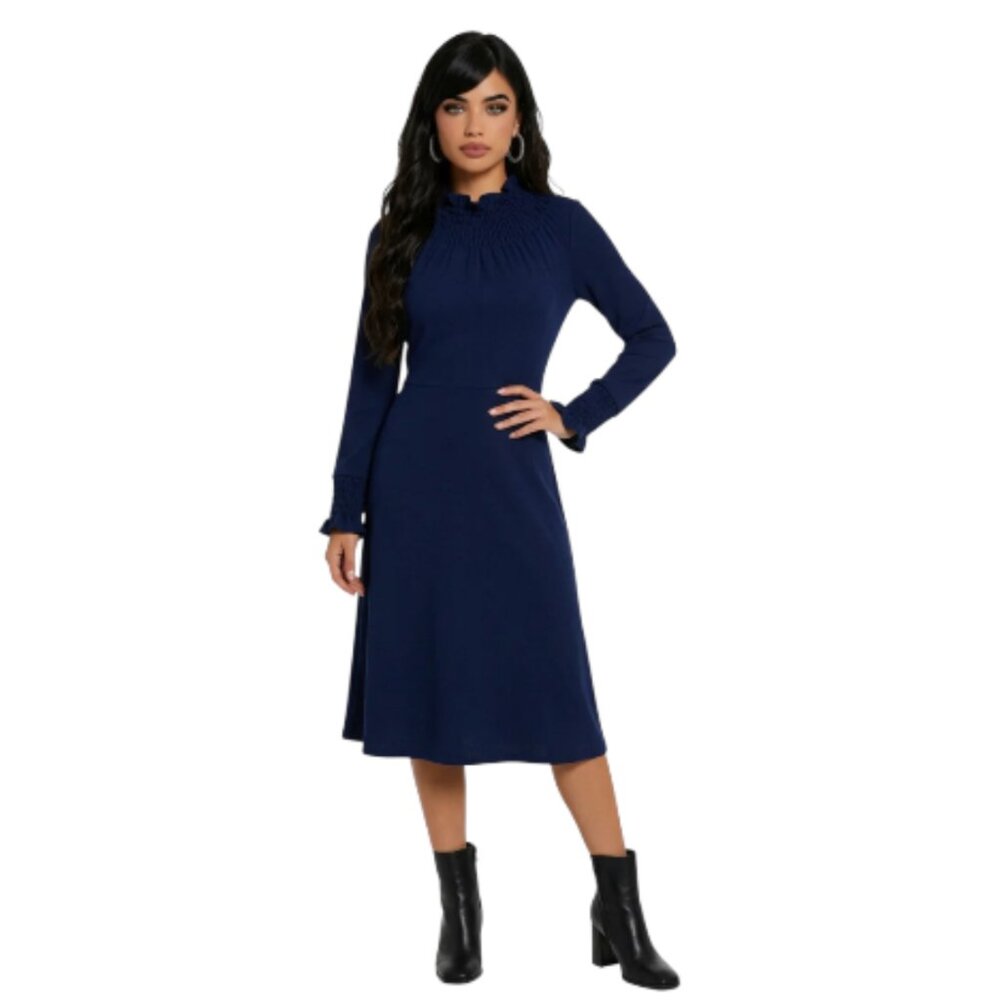 The Fold Size 8 Mock Ruffle Neck Long Sleeve Navy Virgin Wool Dress